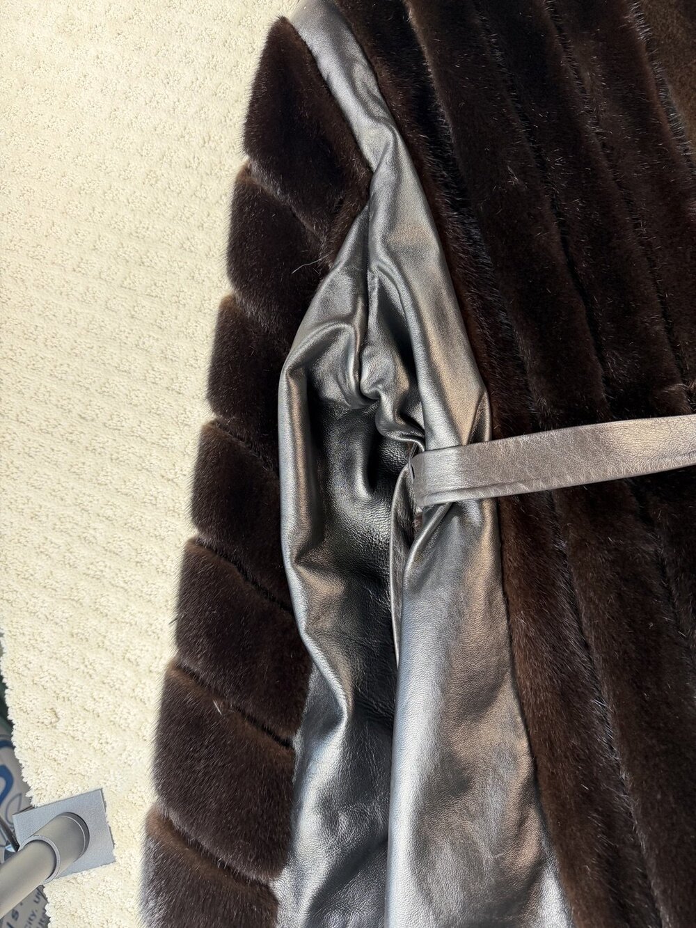 Real Mink Belted Jacket Coat Womens Dark Brown Black 28 Striped Size L - Picture 9 of 12